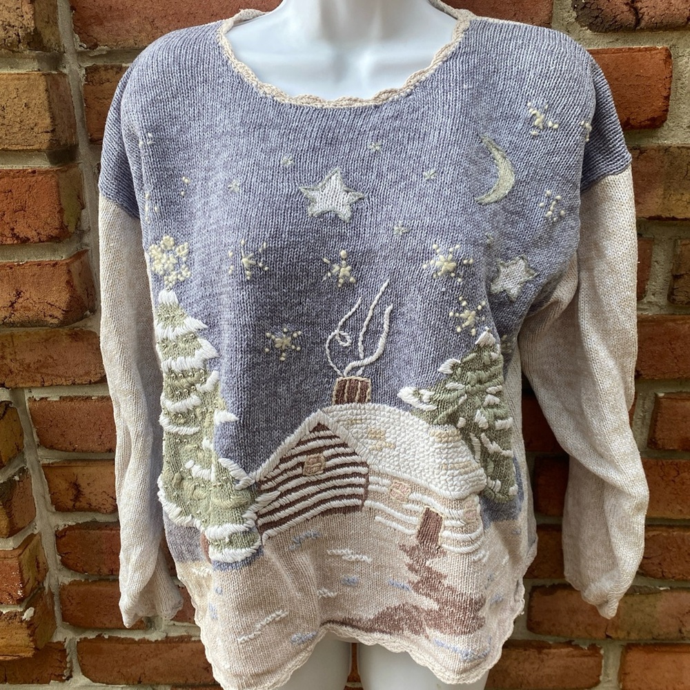 Vtg Colleens Collectibles Knit Winter Cabin “ugly” Christmas Sweater Holiday M